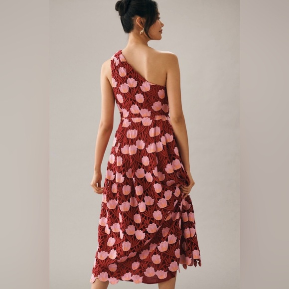 Rare! Anthro Maeve One-Shoulder Tea Dress Floral Embroidered Red Pink Size 6 New - Picture 3 of 5